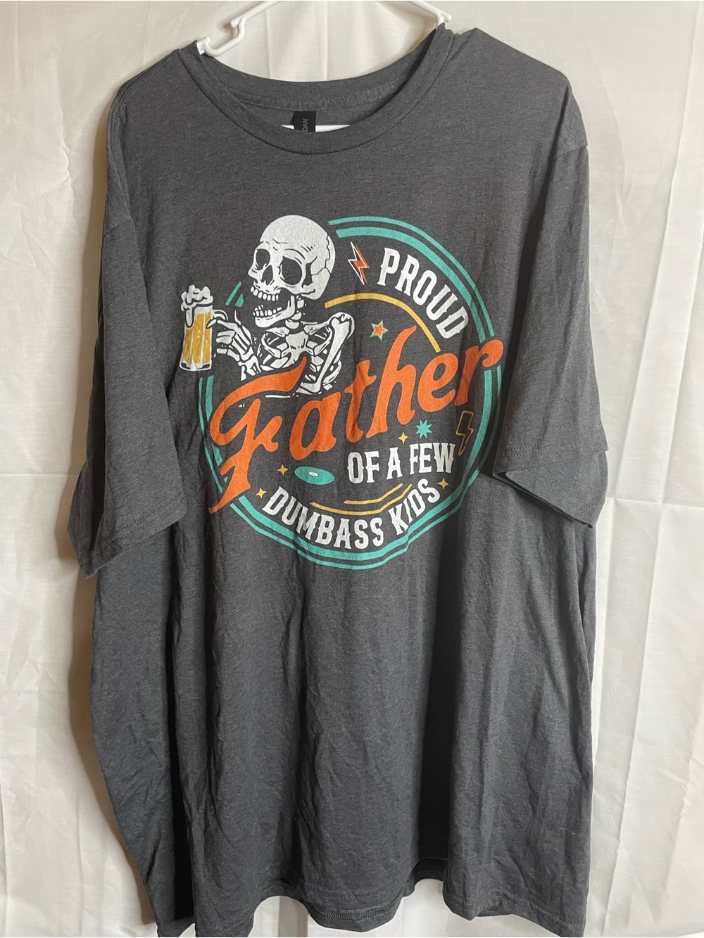 Gildan Charcoal Short Sleeve 'Proud Father' Graphic Tee with Orange & Teal Print
